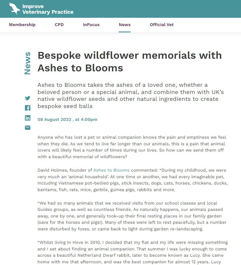 "Bespoke wildflower memorials with Ashes to Blooms" - Improve Veterinary Practice, August 2022
