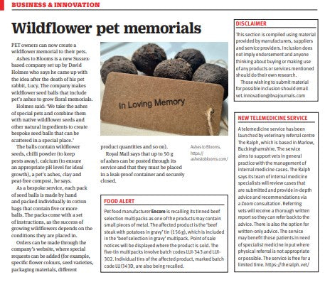 "Wildflower Pet Memorials" - Vet Record (published by the British Veterinary Association), August 2022